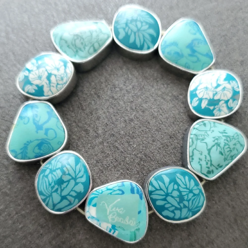 Viva Beads Turquoise Floral Tile Bracelet | Silver Tone Statement | Boho Coastal - Picture 2 of 8